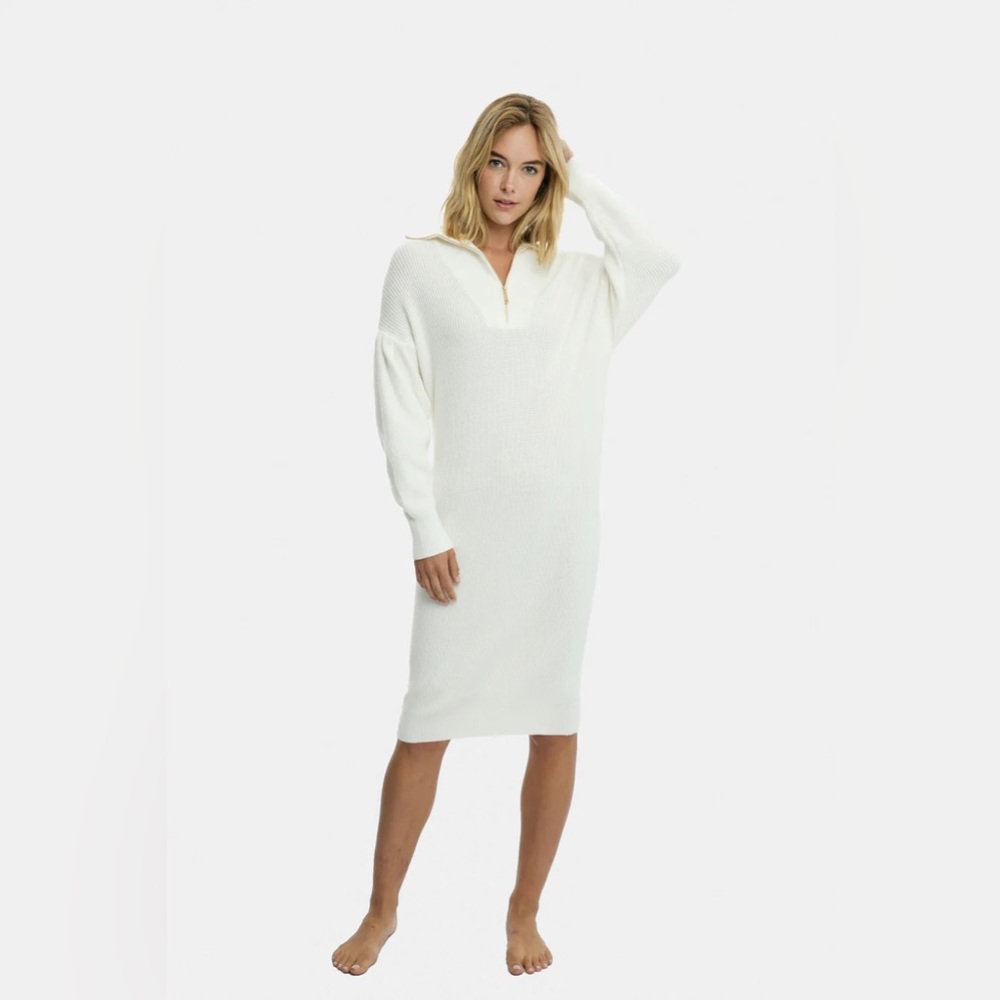 Winter White Knit Half Zipper Midi Sweater Dress- Dress Blank